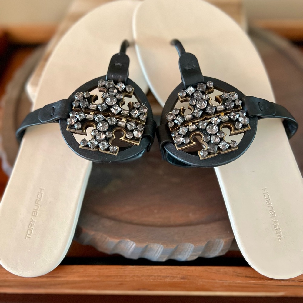 Tory Burch Black and White Rhinestone Miller Sandals - Picture 2 of 9